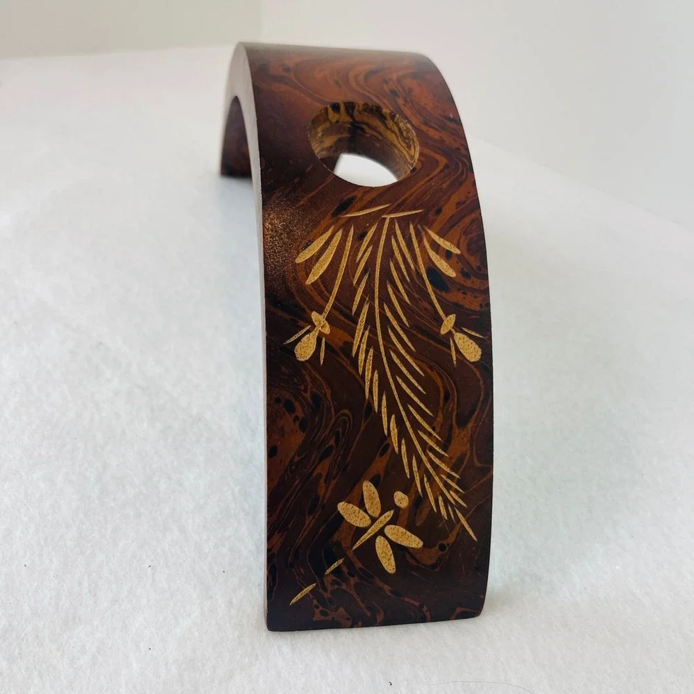 Handcrafted Wooden Balancing Wine Bottle Holder Etched Dragonfly Floral NO Bottl